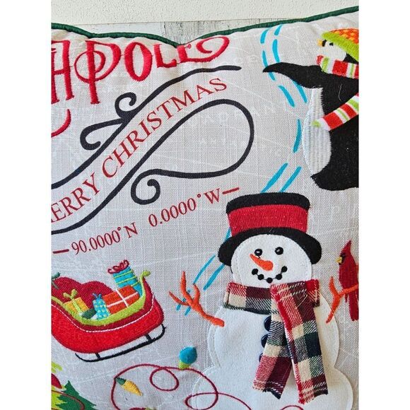 Pier 1 embroidered Xmas snowman North Pole penguin elf pillow decor Xmas 14x14 i - Picture 4 of 10